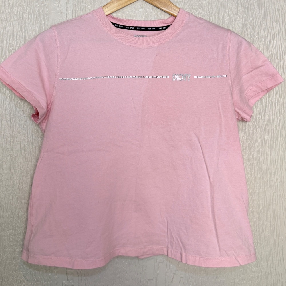 DKNY Sport Womens Pink Rhinestone Logo Short Sleeve T-Shirt Medium